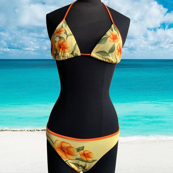 Billabong surf BLUE CRUSH era Vintage Orange & yellow floral triangle set RARE - Picture 1 of 7